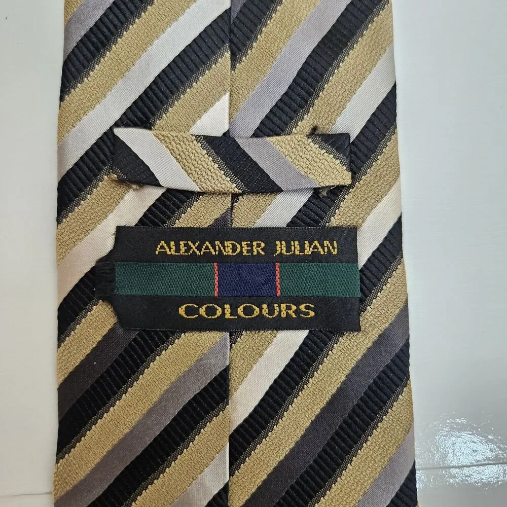 VTG 90s ALEXANDER JULIAN COLOURS Neck Tie Mens 100% Silk Gold Black Striped 3.8